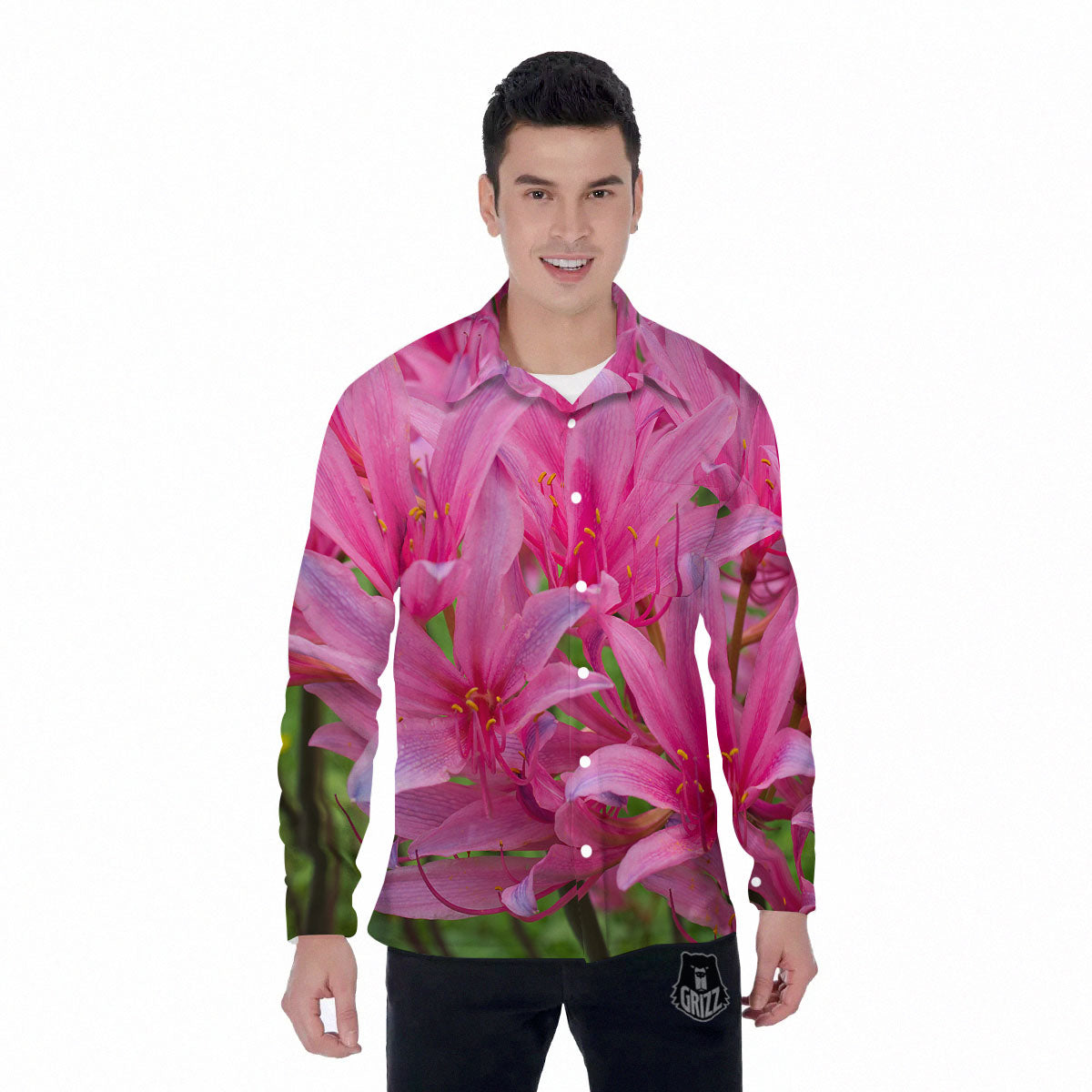 Japanese Amaryllis Purple And Pink Print Men's Long Sleeve Shirts-grizzshop