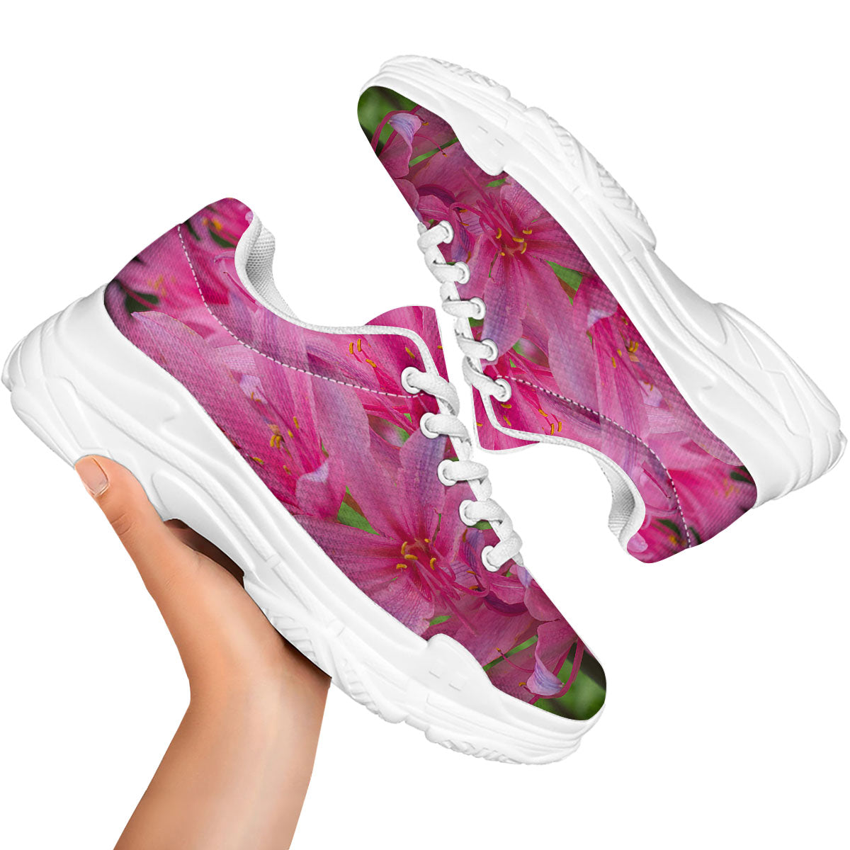 Japanese Amaryllis Purple And Pink Print White Chunky Shoes-grizzshop