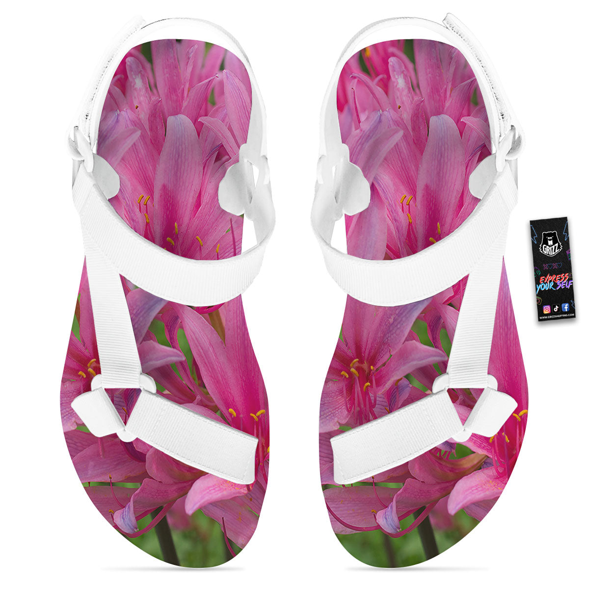 Japanese Amaryllis Purple And Pink Print White Open Toe Sandals-grizzshop