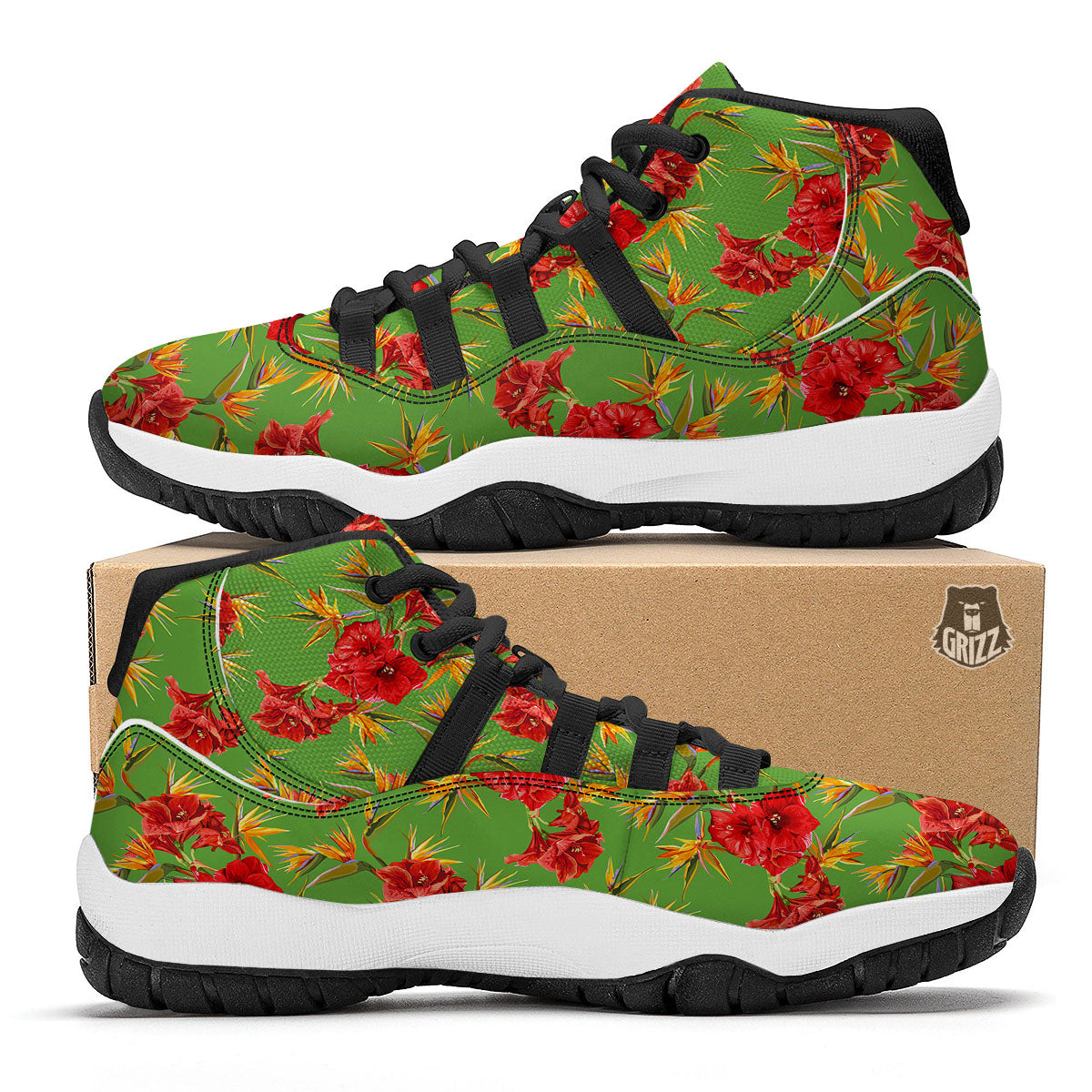 Japanese Amaryllis Yellow And Red Print Pattern Black Bball Shoes-grizzshop
