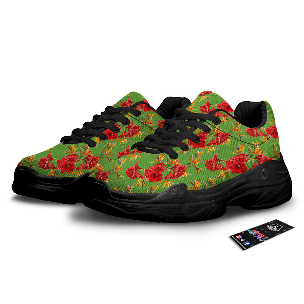 Japanese Amaryllis Yellow And Red Print Pattern Black Chunky Shoes-grizzshop