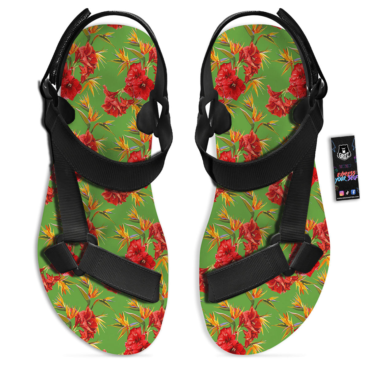 Japanese Amaryllis Yellow And Red Print Pattern Black Open Toe Sandals-grizzshop