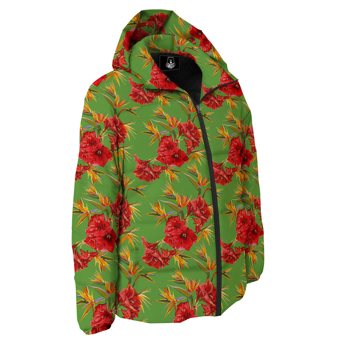 Japanese Amaryllis Yellow And Red Print Pattern Down Jacket-grizzshop