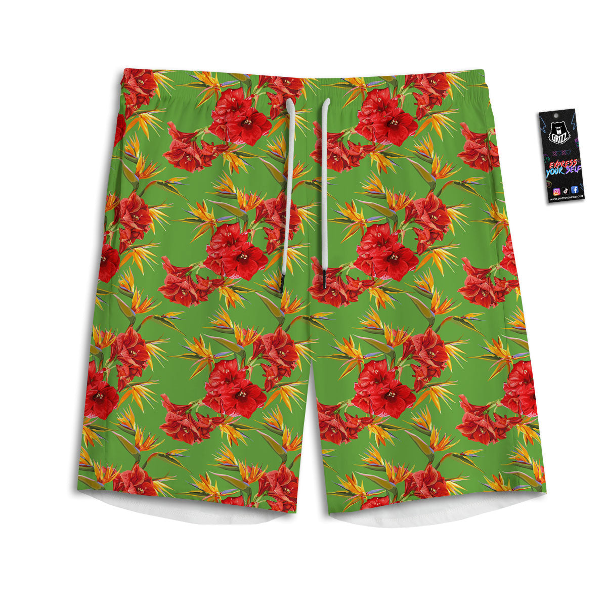 Japanese Amaryllis Yellow And Red Print Pattern Men's Athletic Shorts