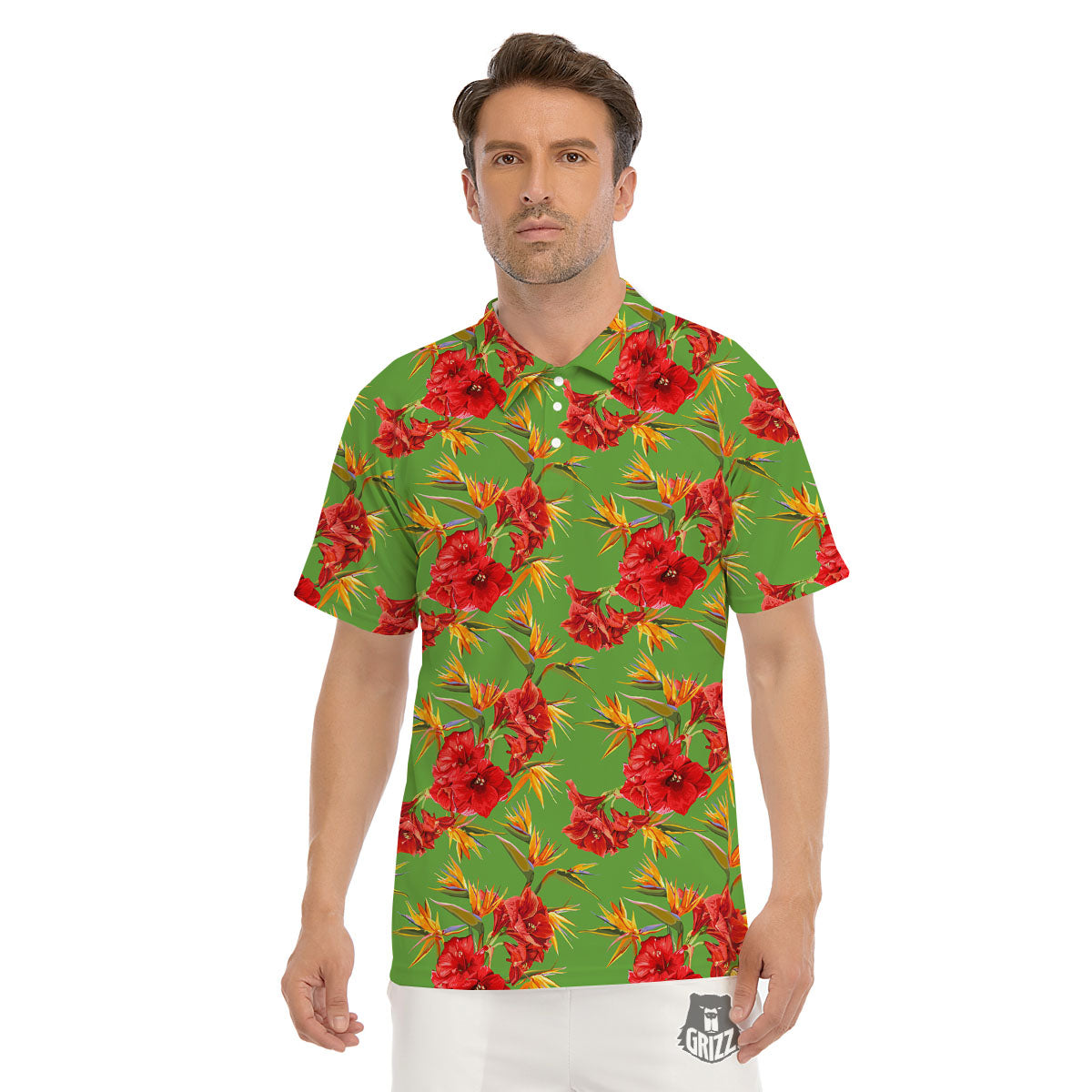 Japanese Amaryllis Yellow And Red Print Pattern Men's Golf Shirts-grizzshop