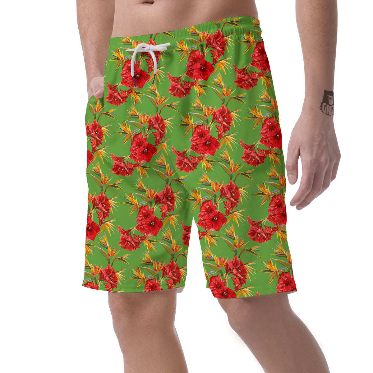 Japanese Amaryllis Yellow And Red Print Pattern Men's Shorts-grizzshop