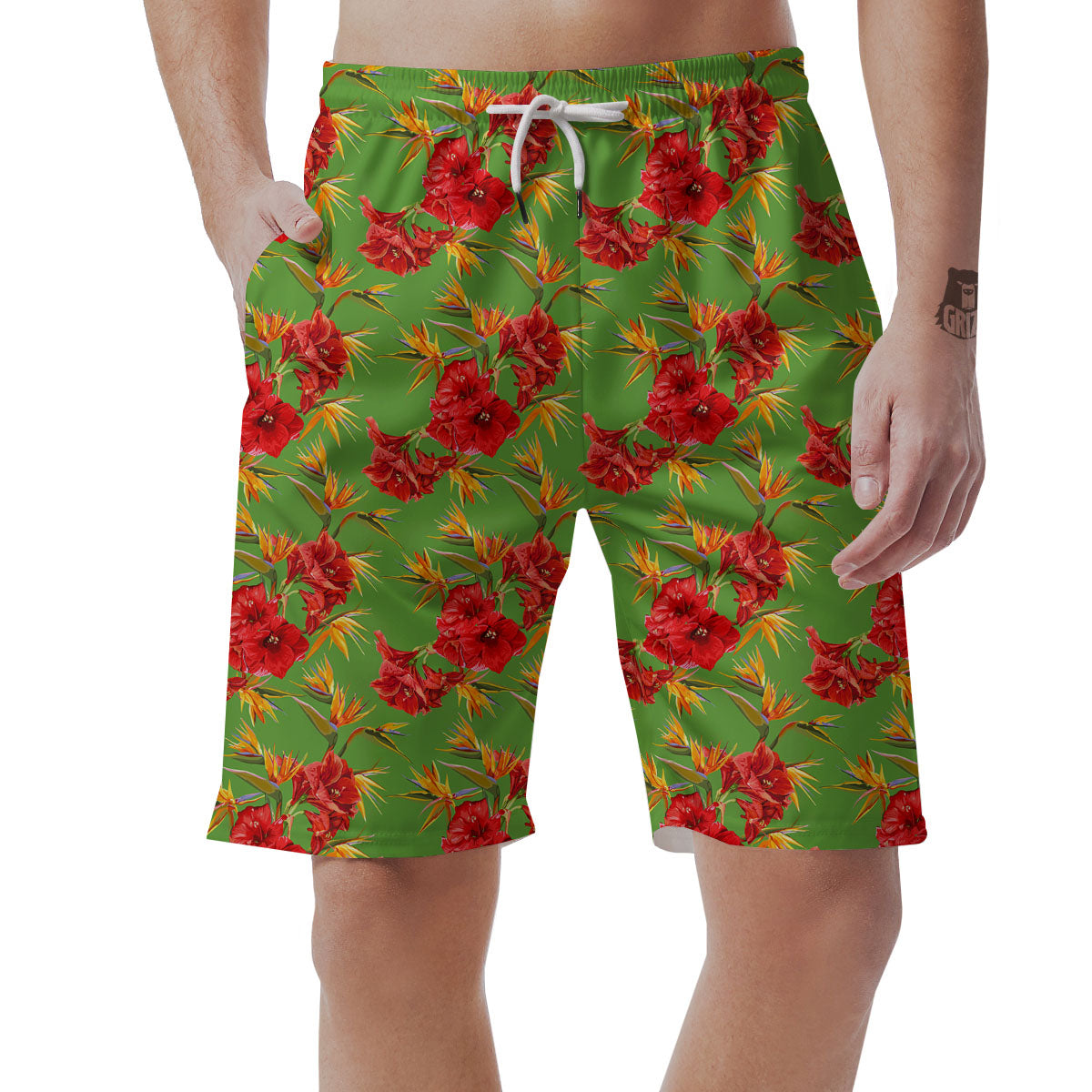 Japanese Amaryllis Yellow And Red Print Pattern Men's Shorts-grizzshop