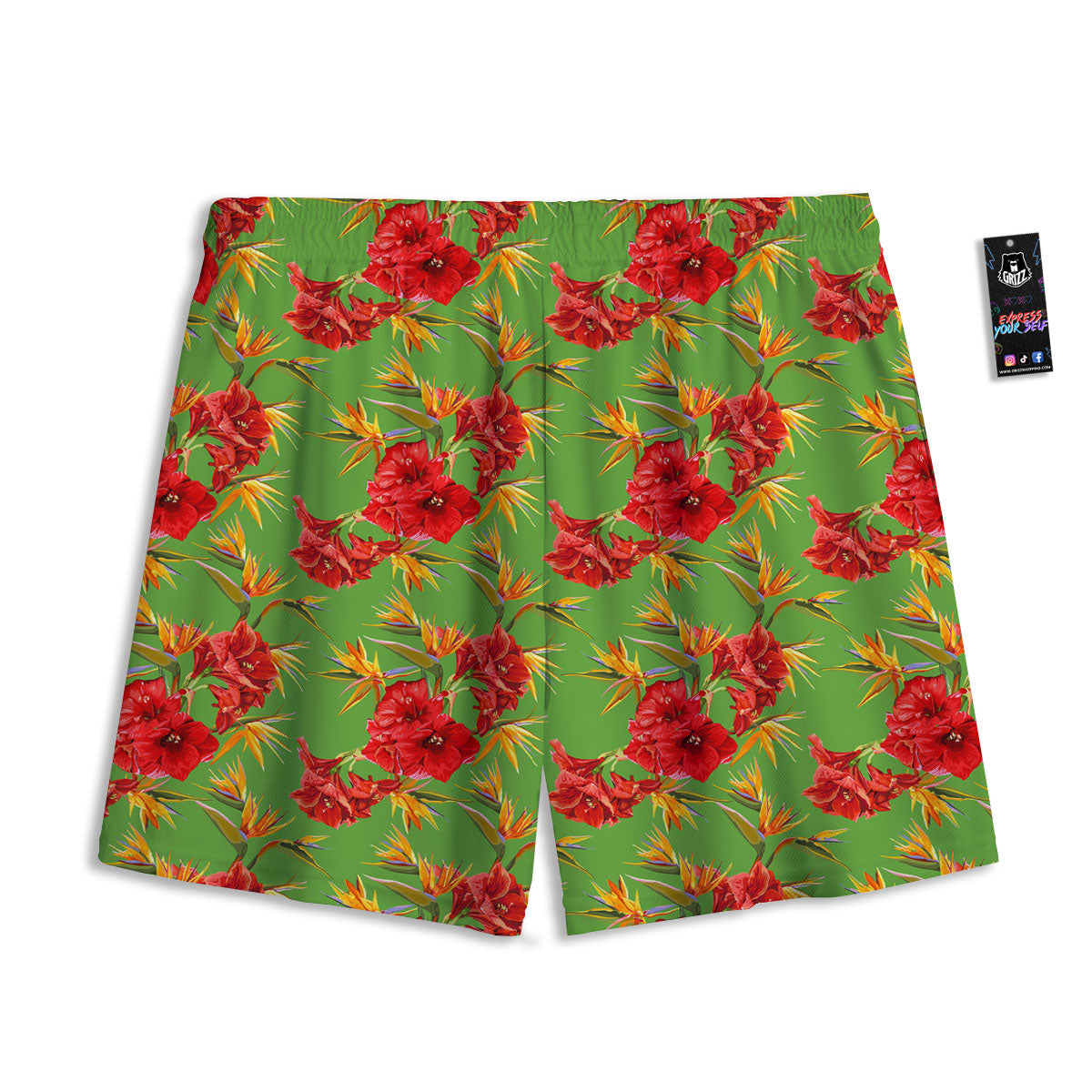 Japanese Amaryllis Yellow And Red Print Pattern Mesh Shorts