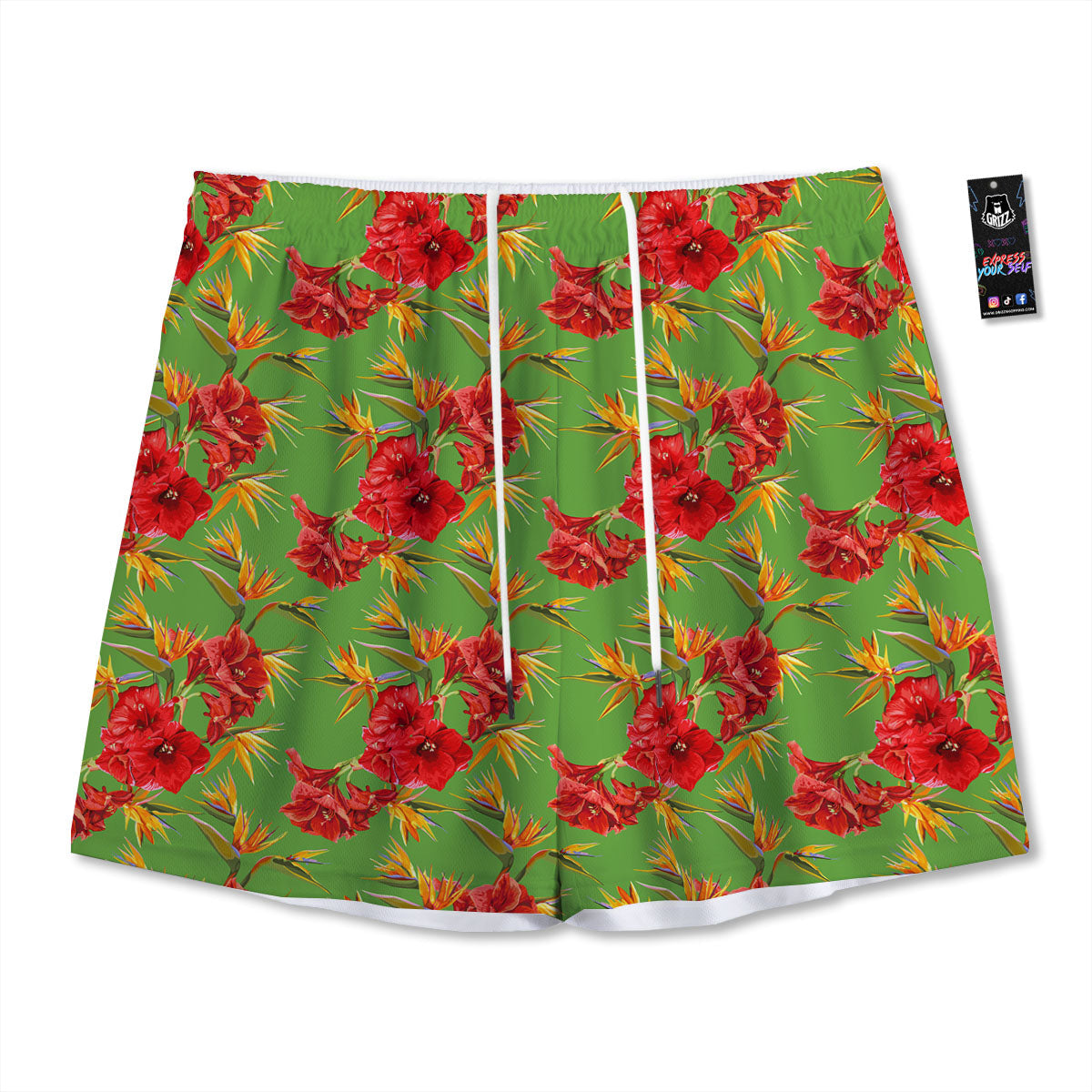 Japanese Amaryllis Yellow And Red Print Pattern Mesh Shorts
