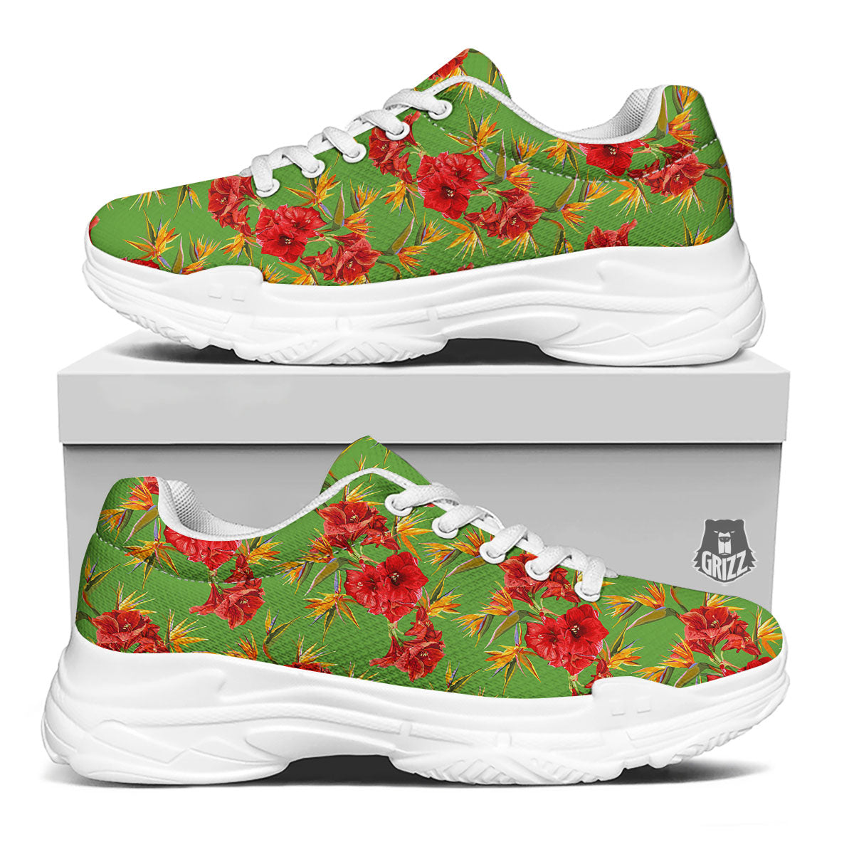 Japanese Amaryllis Yellow And Red Print Pattern White Chunky Shoes-grizzshop