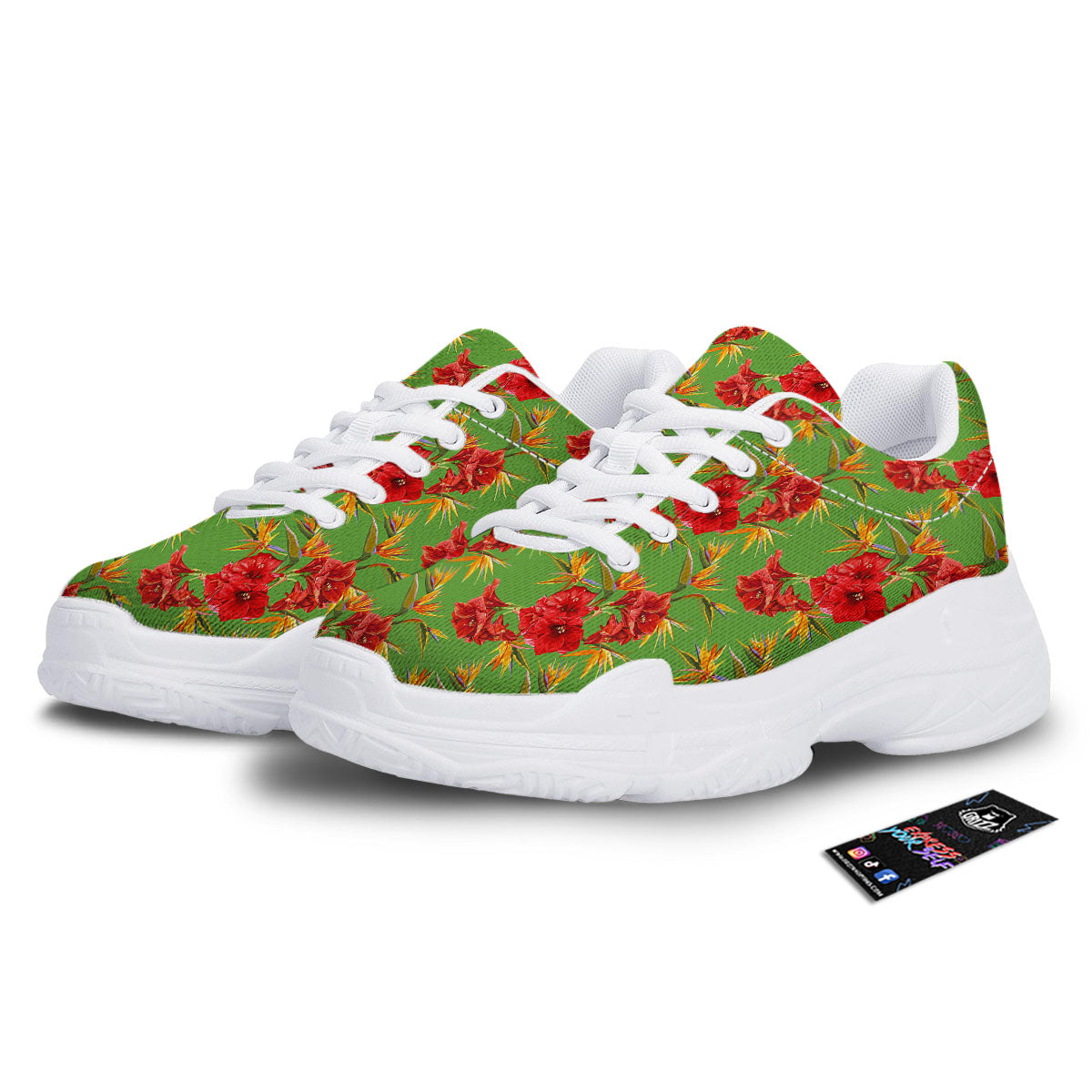 Japanese Amaryllis Yellow And Red Print Pattern White Chunky Shoes-grizzshop