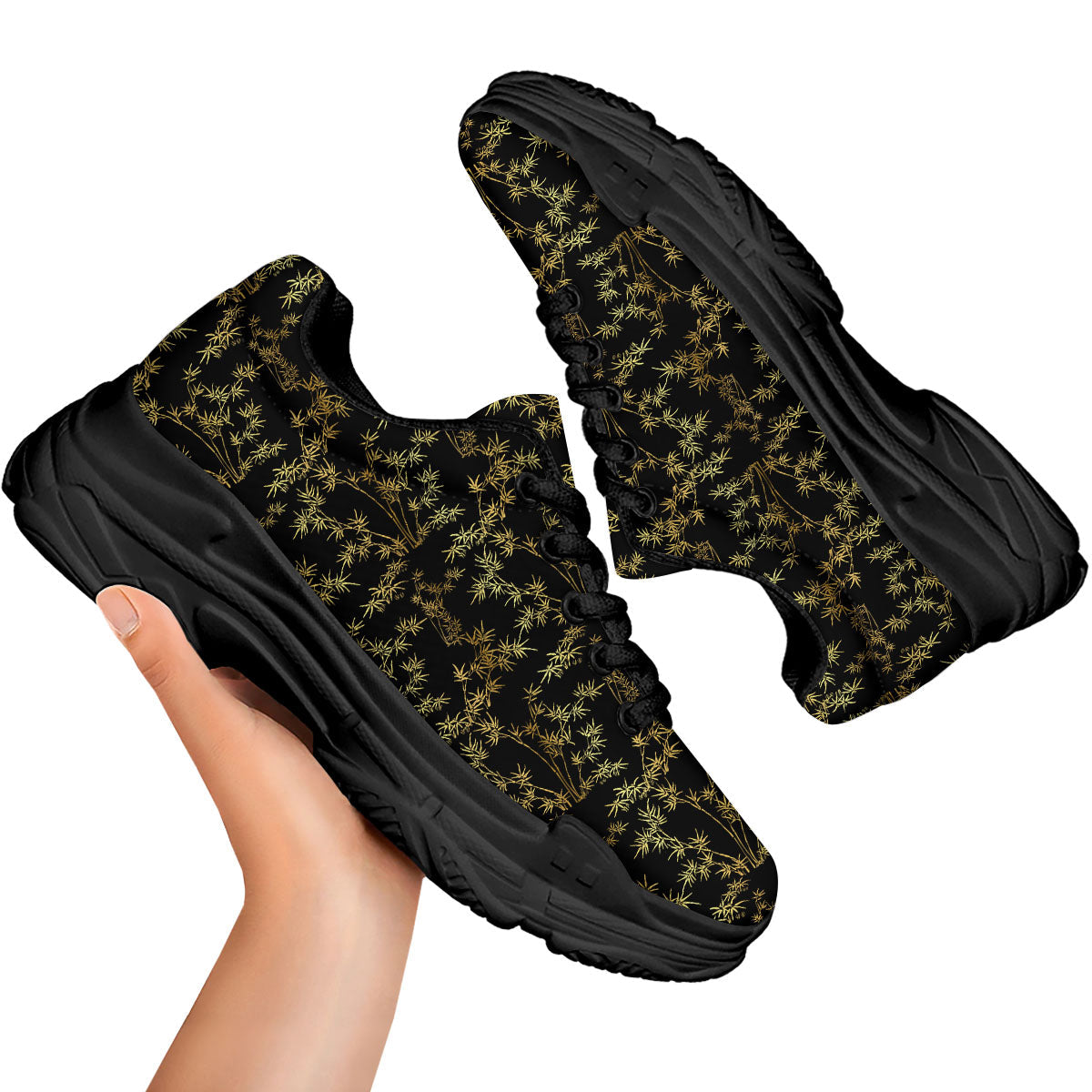 Japanese Bamboo Black And Gold Print Pattern Black Chunky Shoes-grizzshop