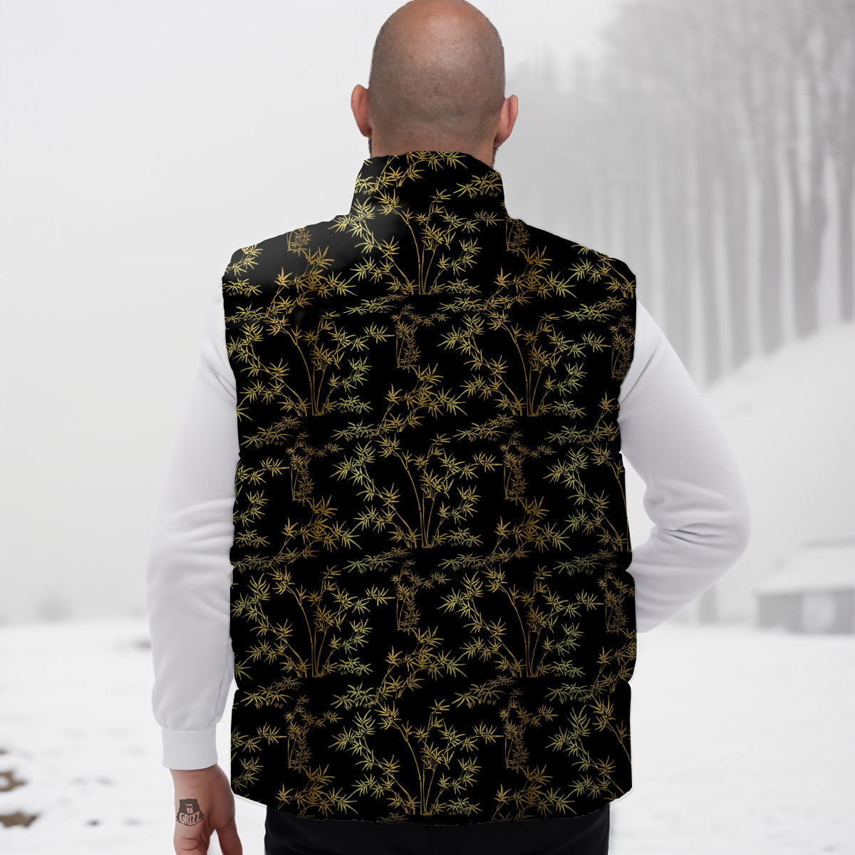 Japanese Bamboo Black And Gold Print Pattern Down Vest