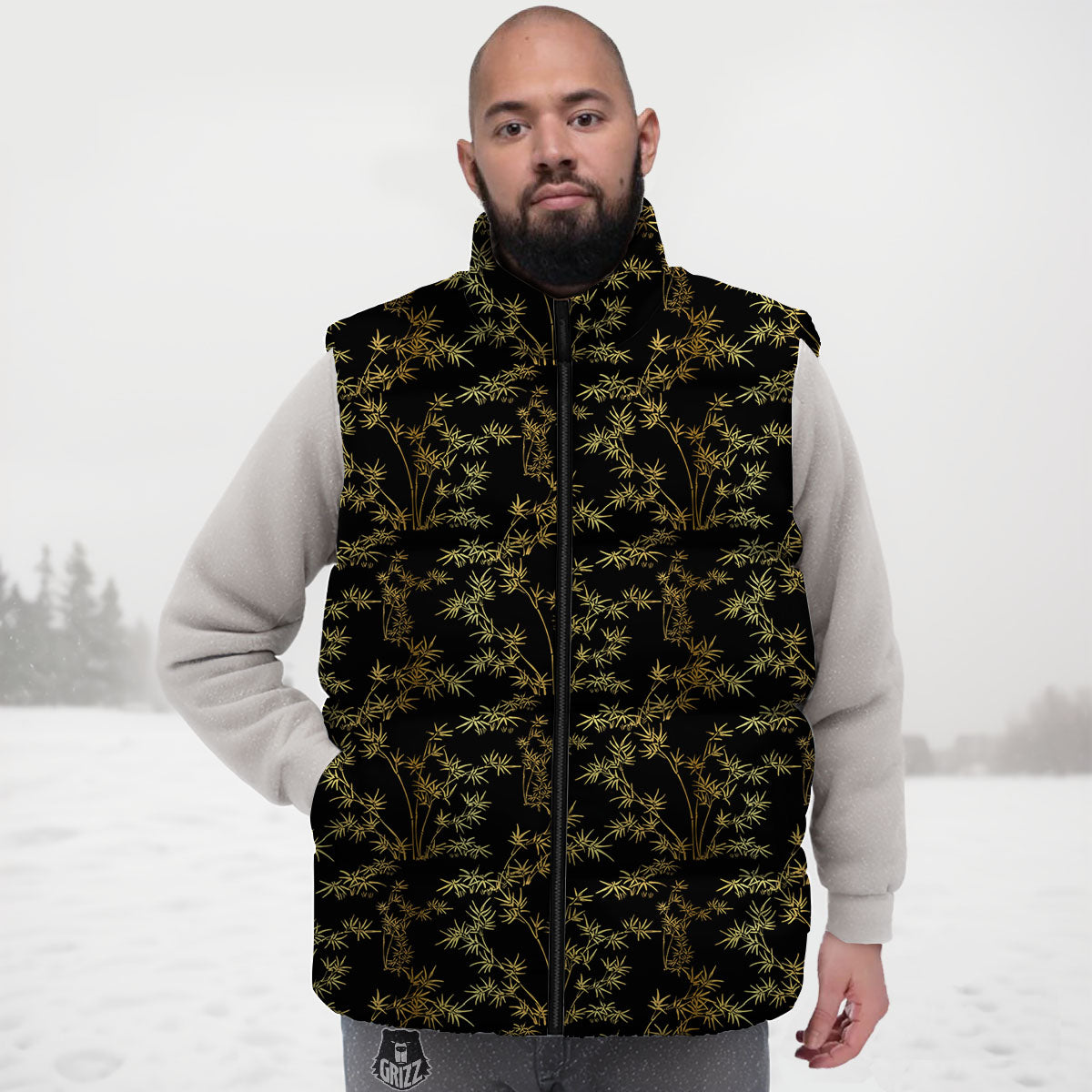 Japanese Bamboo Black And Gold Print Pattern Down Vest