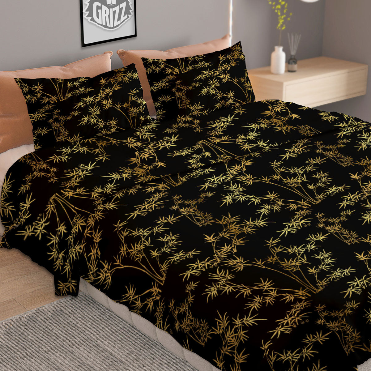 Japanese Bamboo Black And Gold Print Pattern Duvet Cover Bedding Set