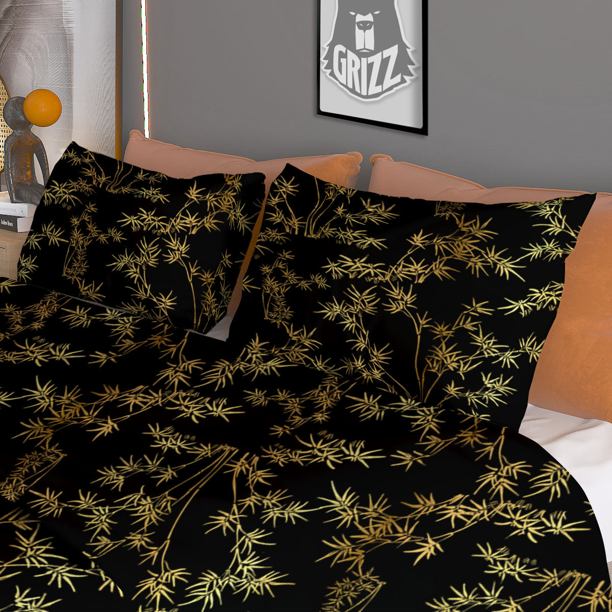 Japanese Bamboo Black And Gold Print Pattern Duvet Cover Bedding Set