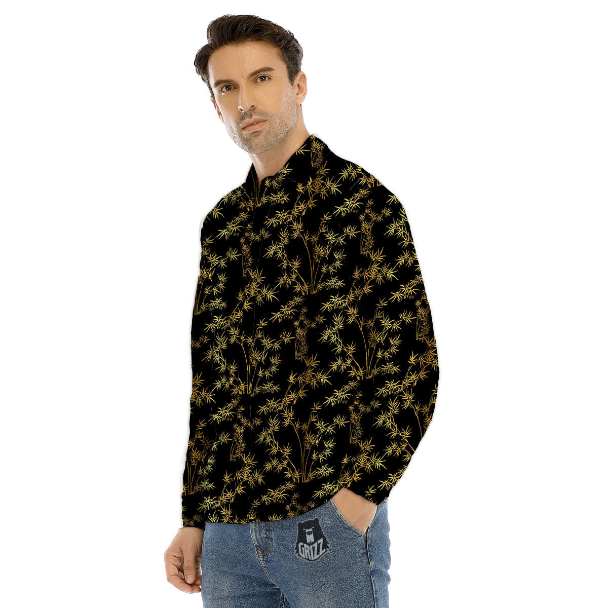 Japanese Bamboo Black And Gold Print Pattern Men's Dress Shirts-grizzshop