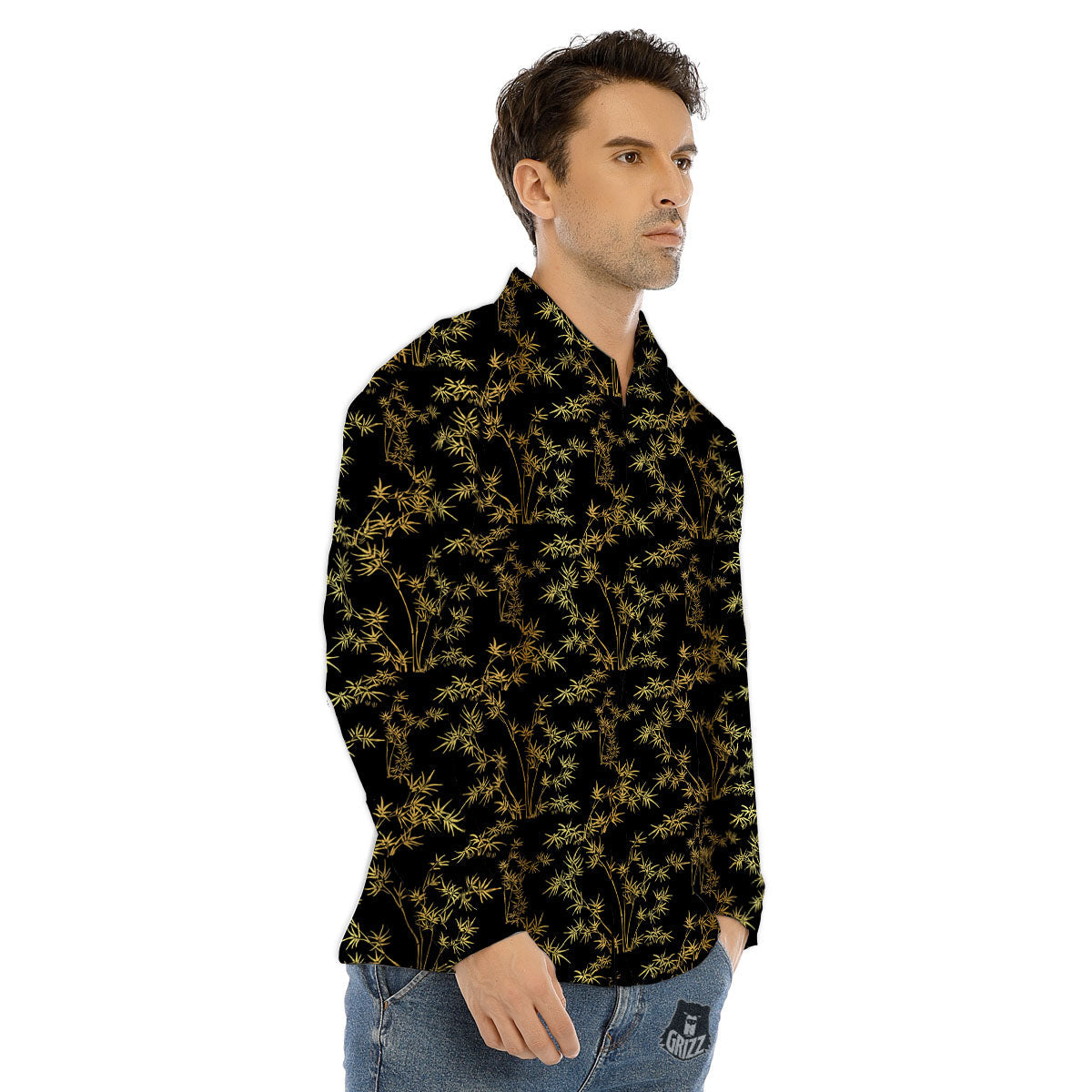 Japanese Bamboo Black And Gold Print Pattern Men's Dress Shirts-grizzshop