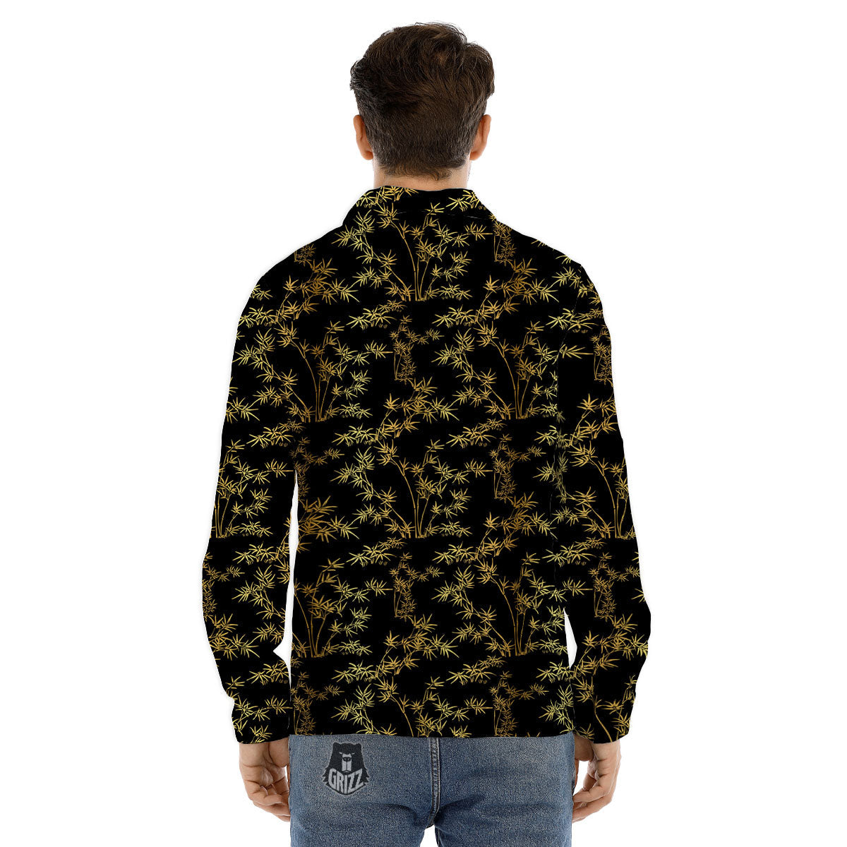 Japanese Bamboo Black And Gold Print Pattern Men's Dress Shirts-grizzshop