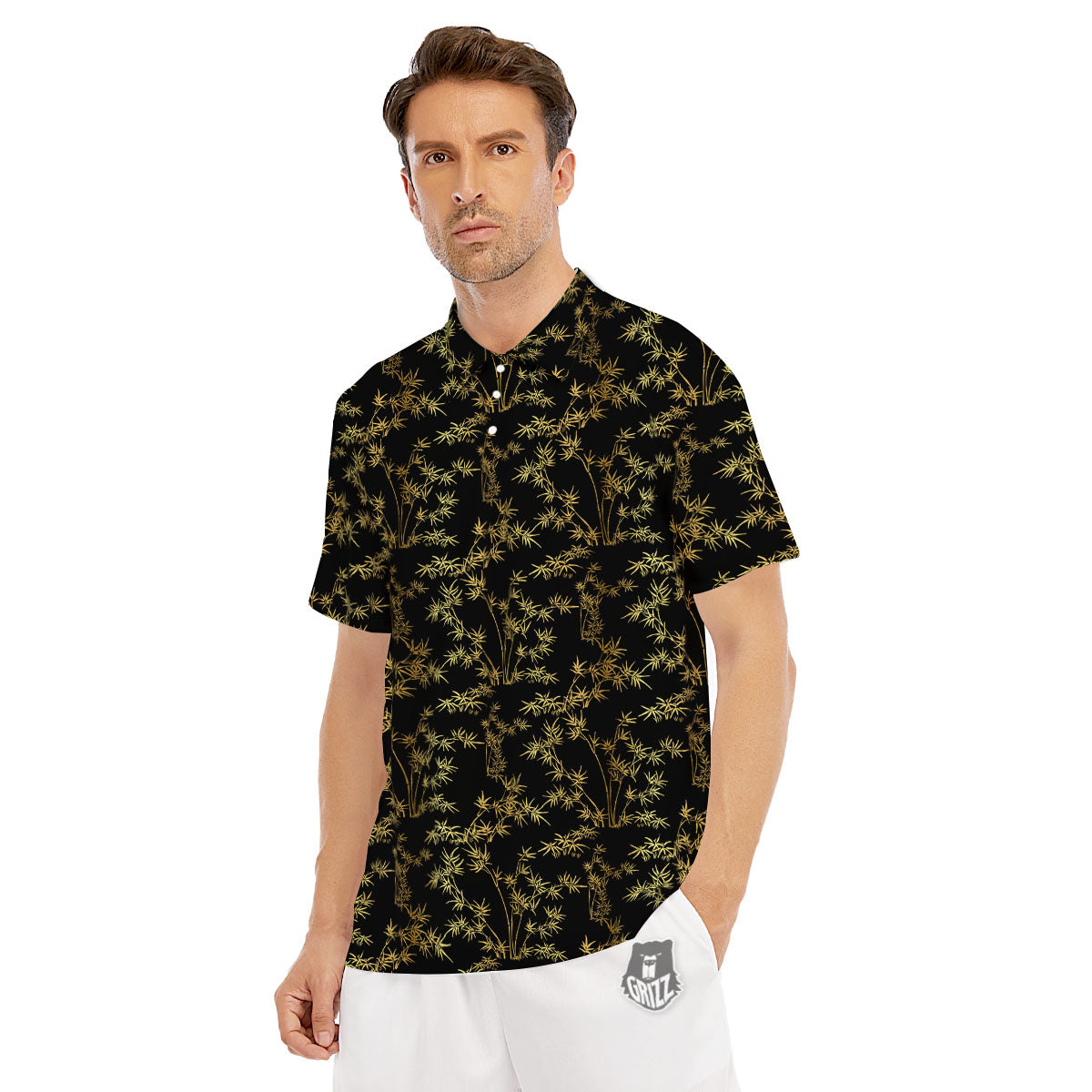 Japanese Bamboo Black And Gold Print Pattern Men's Golf Shirts-grizzshop