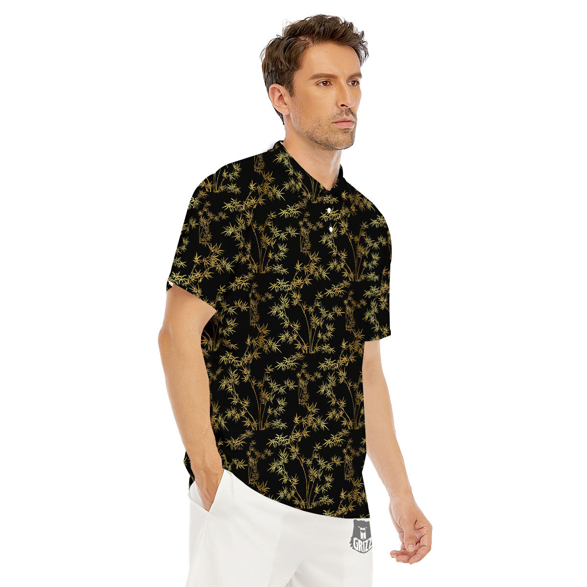 Japanese Bamboo Black And Gold Print Pattern Men's Golf Shirts-grizzshop