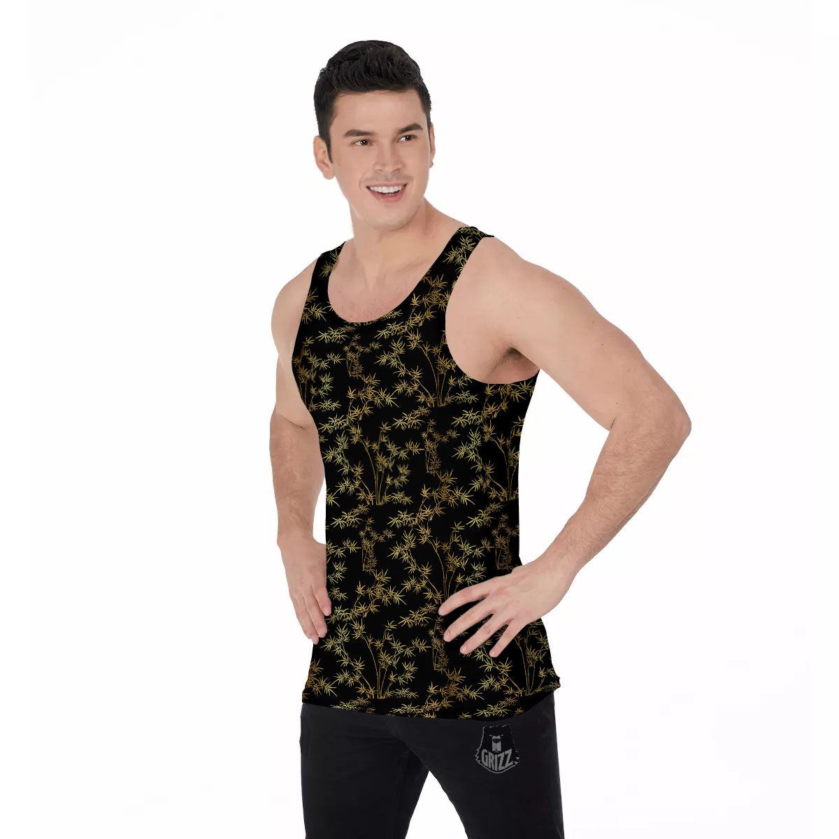 Japanese Bamboo Black And Gold Print Pattern Men's Tank Top-grizzshop