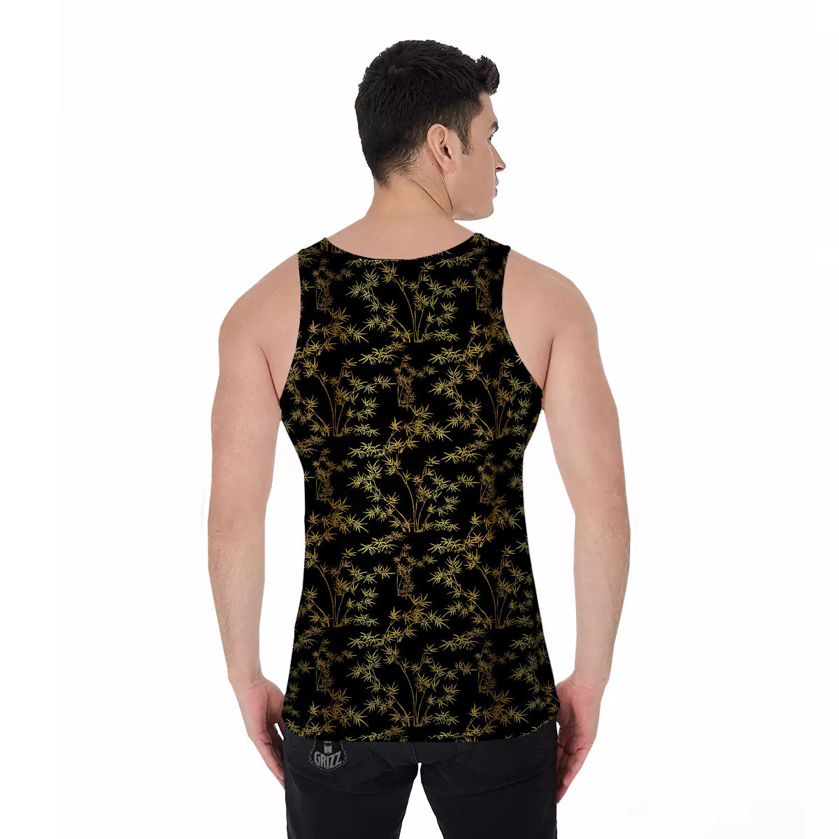 Japanese Bamboo Black And Gold Print Pattern Men's Tank Top-grizzshop