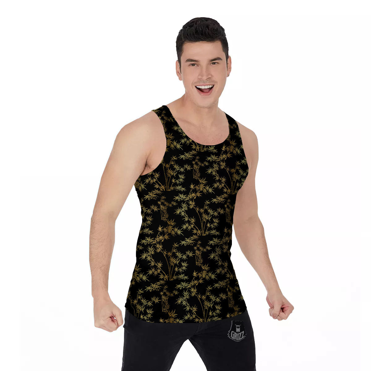 Japanese Bamboo Black And Gold Print Pattern Men's Tank Top-grizzshop