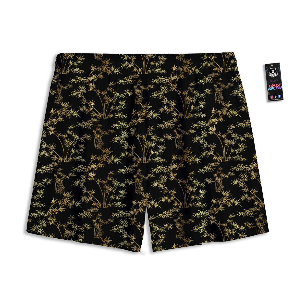 Japanese Bamboo Black And Gold Print Pattern Mesh Shorts