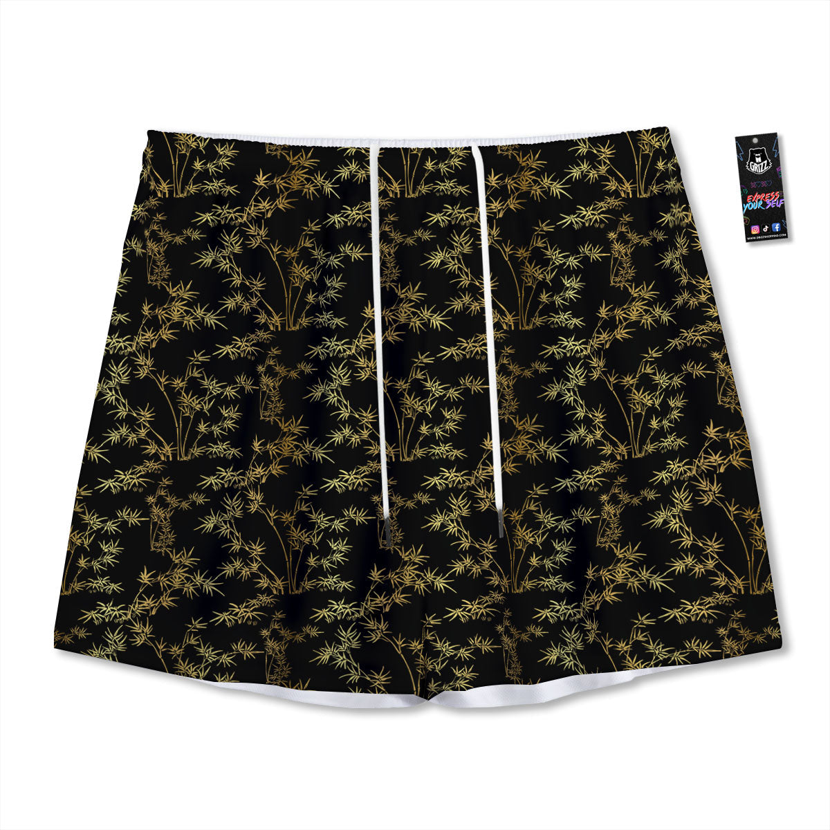 Japanese Bamboo Black And Gold Print Pattern Mesh Shorts
