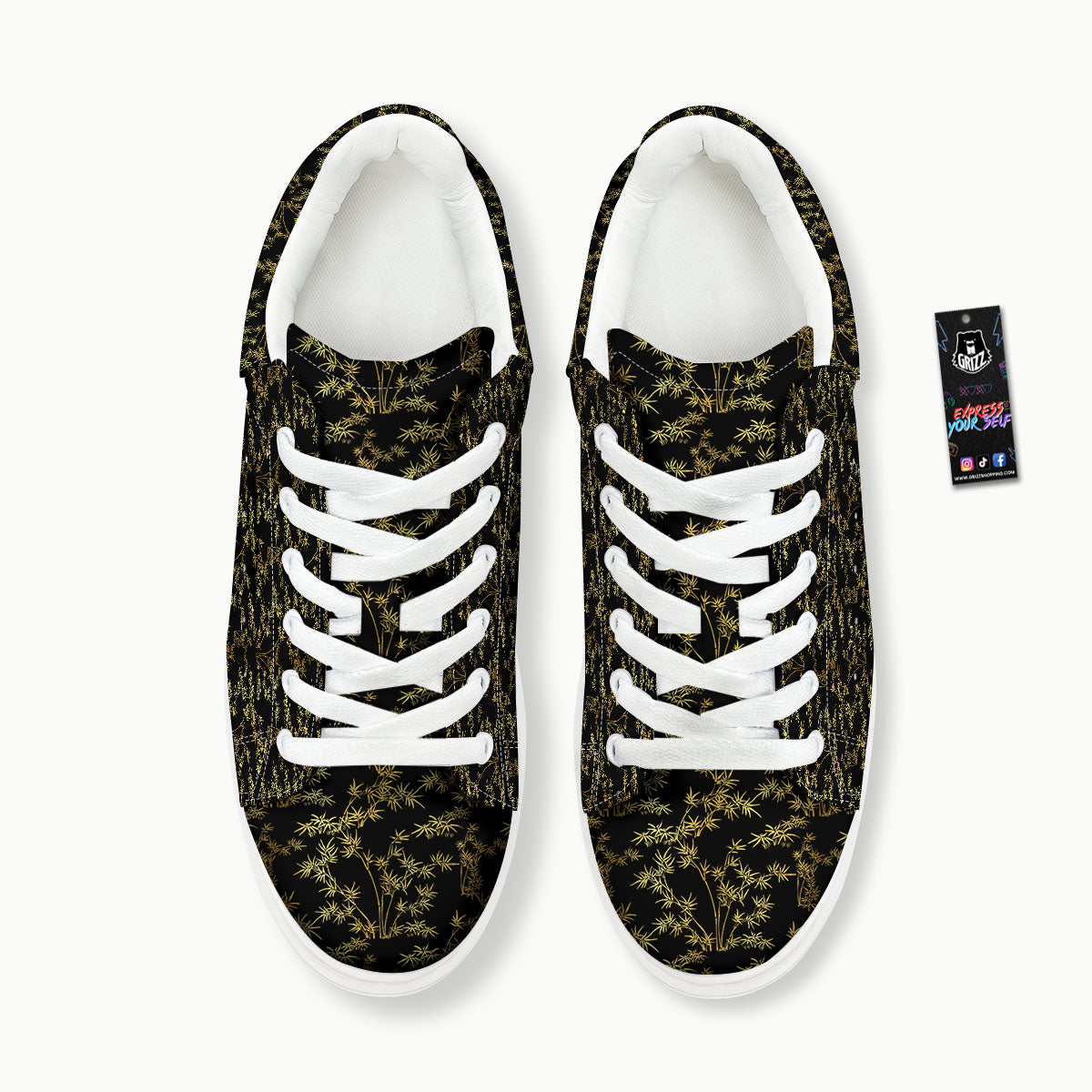 Japanese Bamboo Black And Gold Print Pattern Platform Shoes-grizzshop
