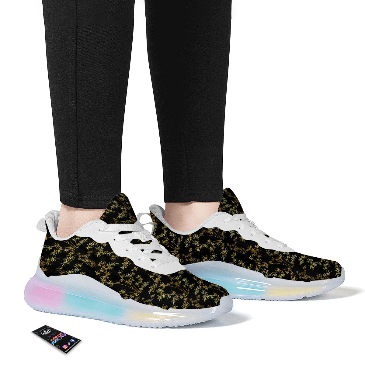 Japanese Bamboo Black And Gold Print Pattern Running Sneakers-grizzshop