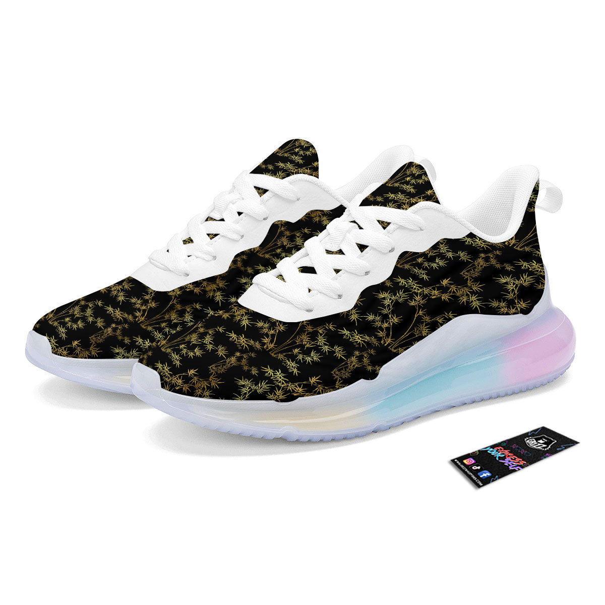 Japanese Bamboo Black And Gold Print Pattern Running Sneakers-grizzshop