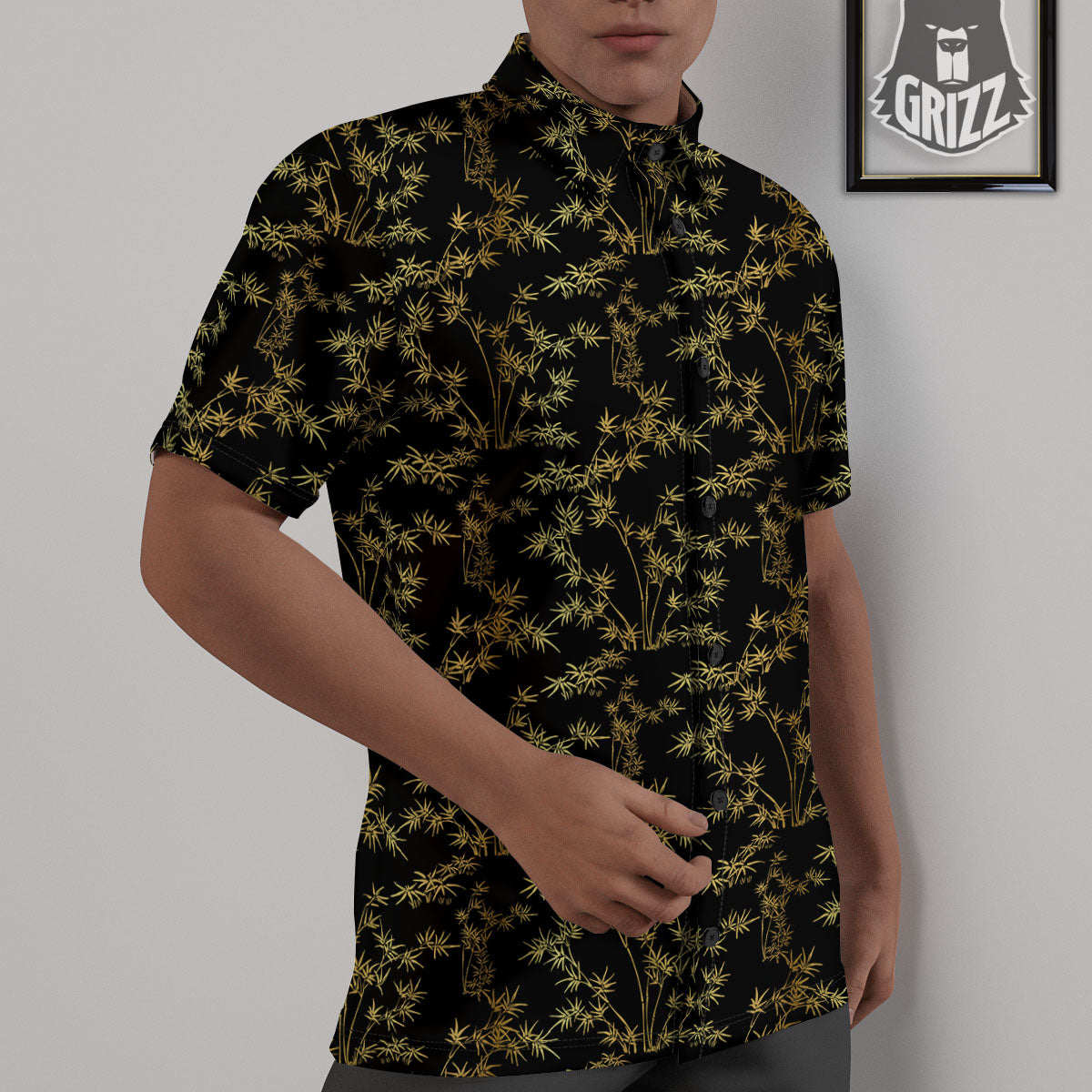 Japanese Bamboo Black And Gold Print Pattern Untucked Shirts-grizzshop