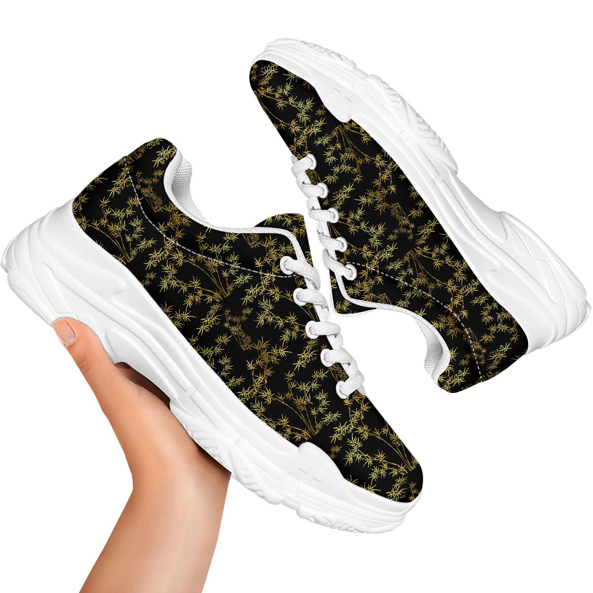 Japanese Bamboo Black And Gold Print Pattern White Chunky Shoes-grizzshop