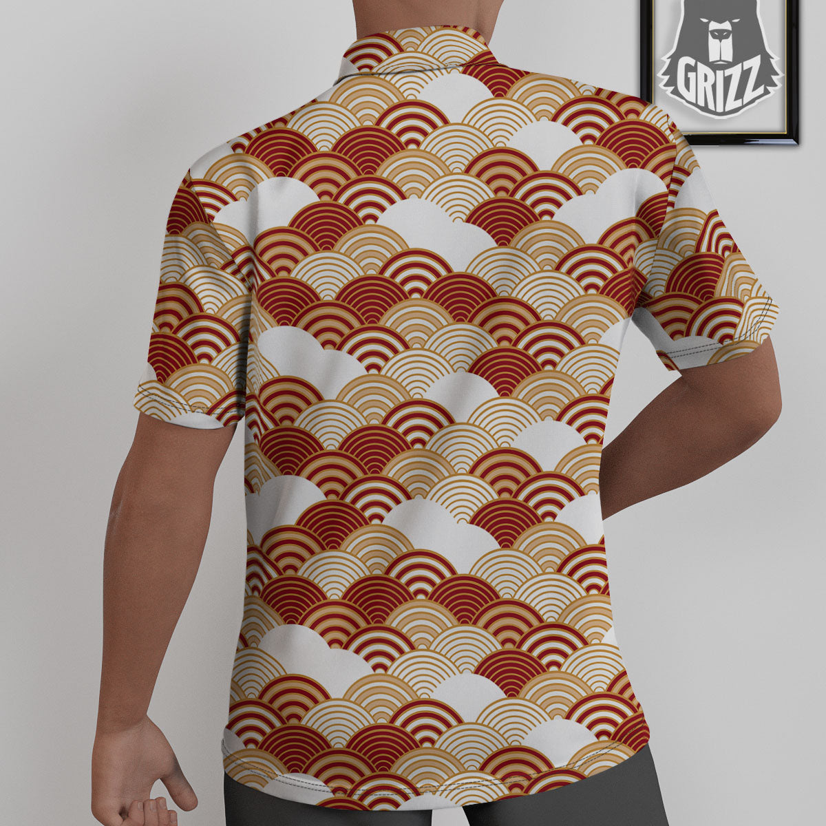 Japanese Beige And Red Print Pattern Untucked Shirts-grizzshop