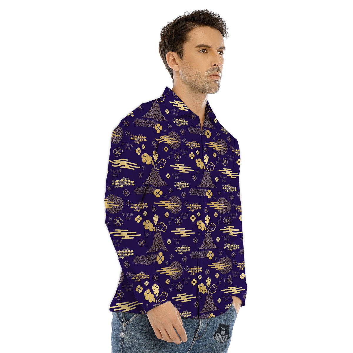 Japanese Classic Print Pattern Men's Dress Shirts-grizzshop
