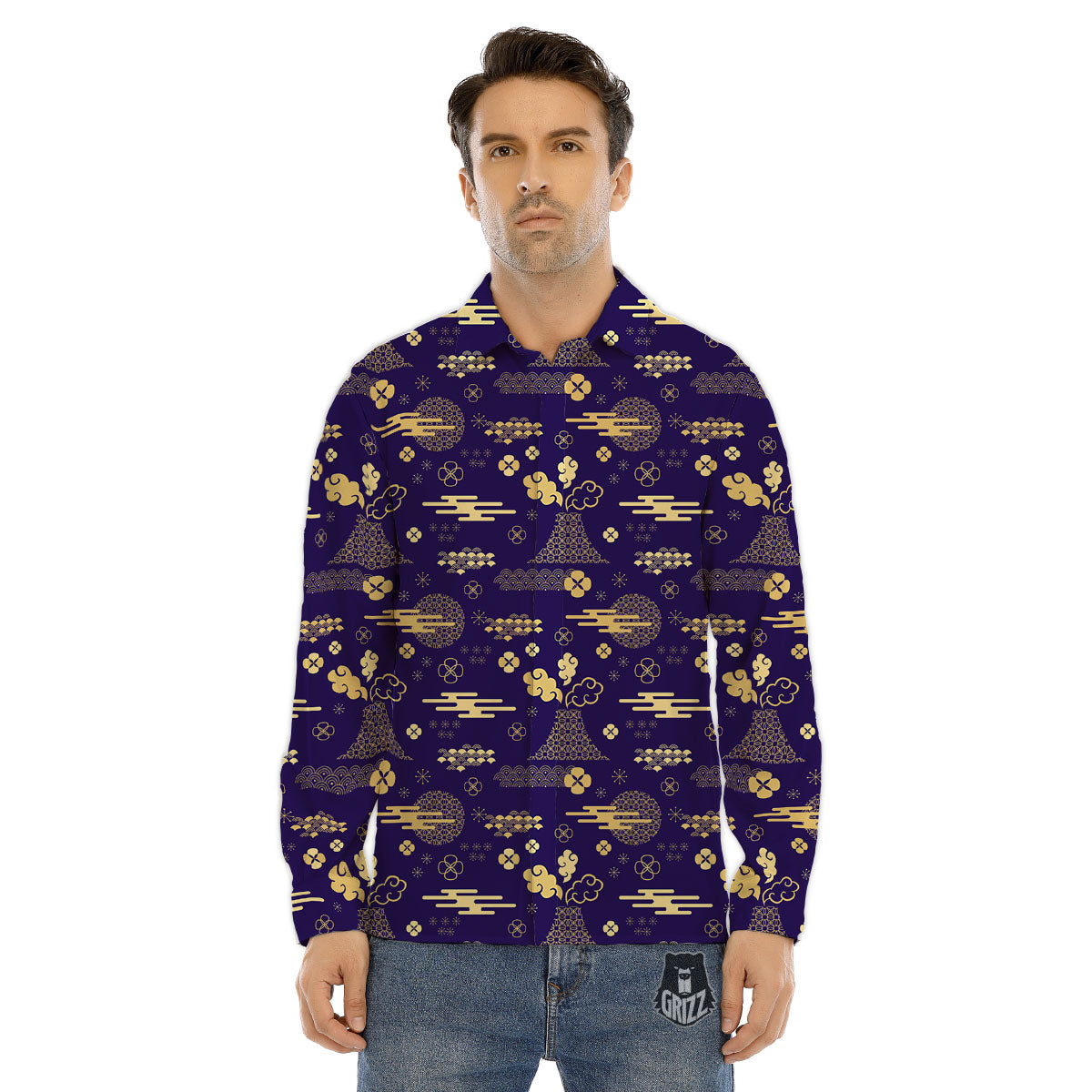 Japanese Classic Print Pattern Men's Dress Shirts-grizzshop