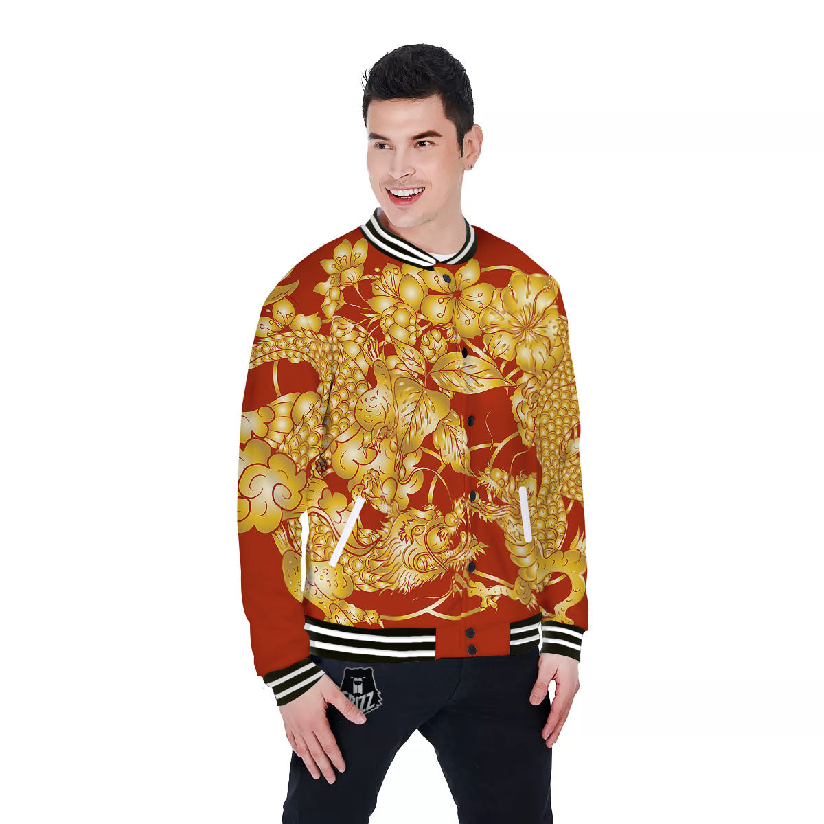 Japanese Dragon Orange Print Baseball Jacket-grizzshop