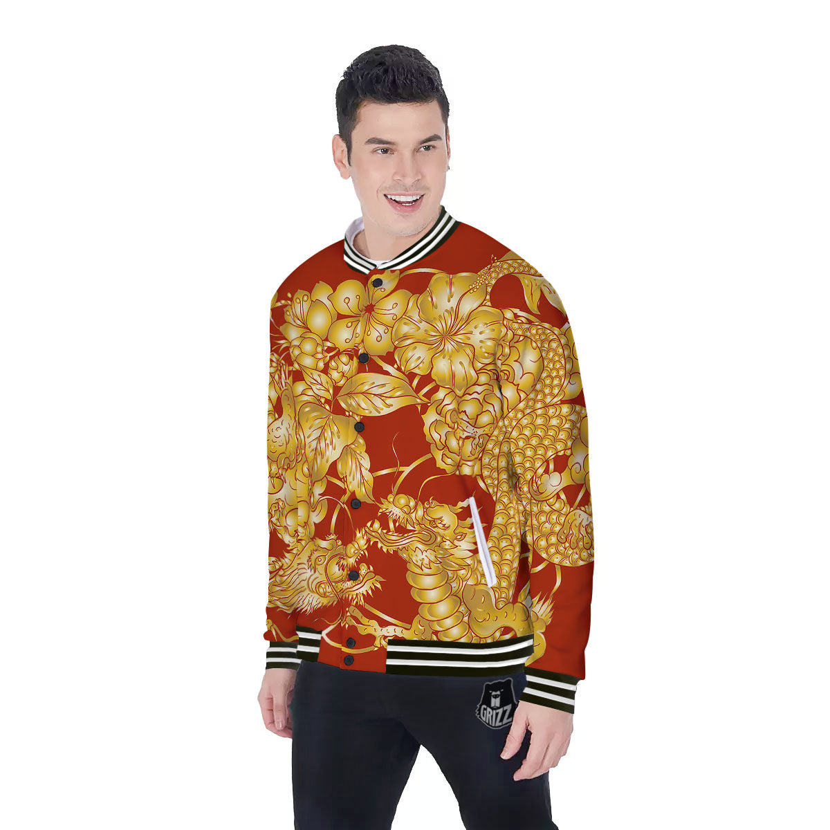 Japanese Dragon Orange Print Baseball Jacket-grizzshop