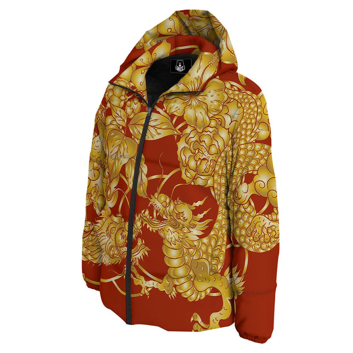 Japanese Dragon Orange Print Down Jacket-grizzshop