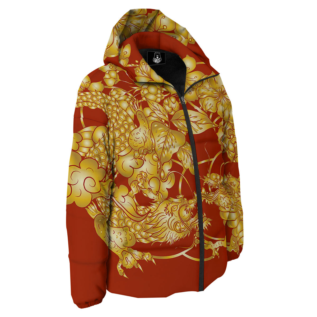 Japanese Dragon Orange Print Down Jacket-grizzshop