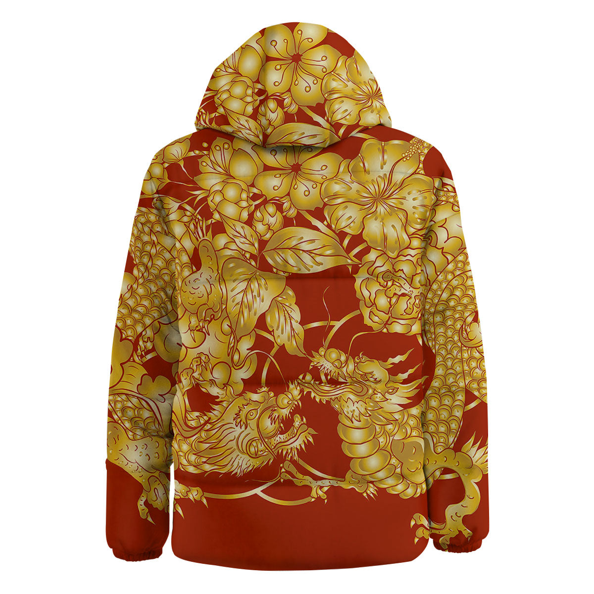 Japanese Dragon Orange Print Down Jacket-grizzshop