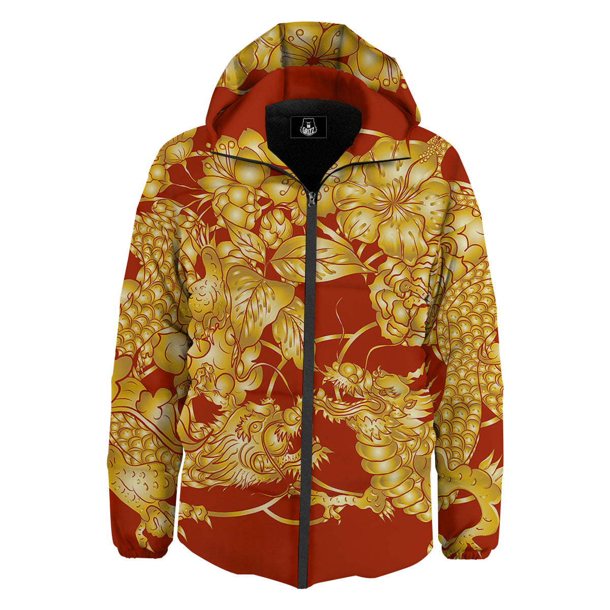 Japanese Dragon Orange Print Down Jacket-grizzshop