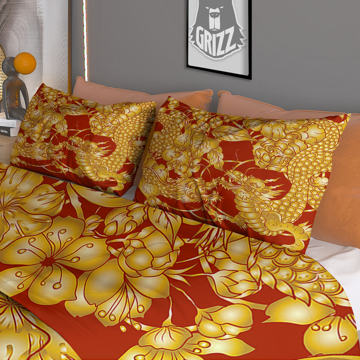 Japanese Dragon Orange Print Duvet Cover Bedding Set