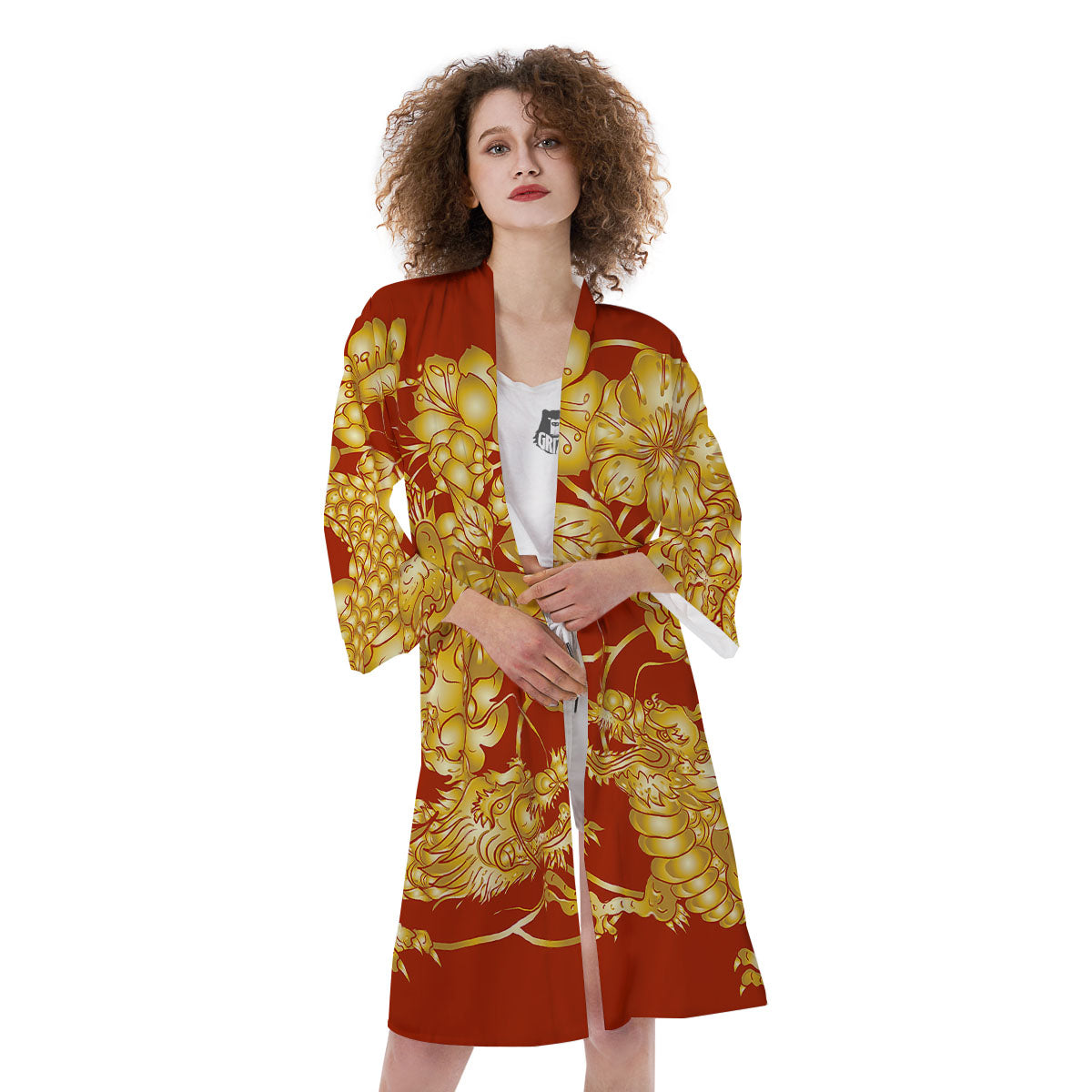 Japanese Dragon Orange Print Kimono-grizzshop