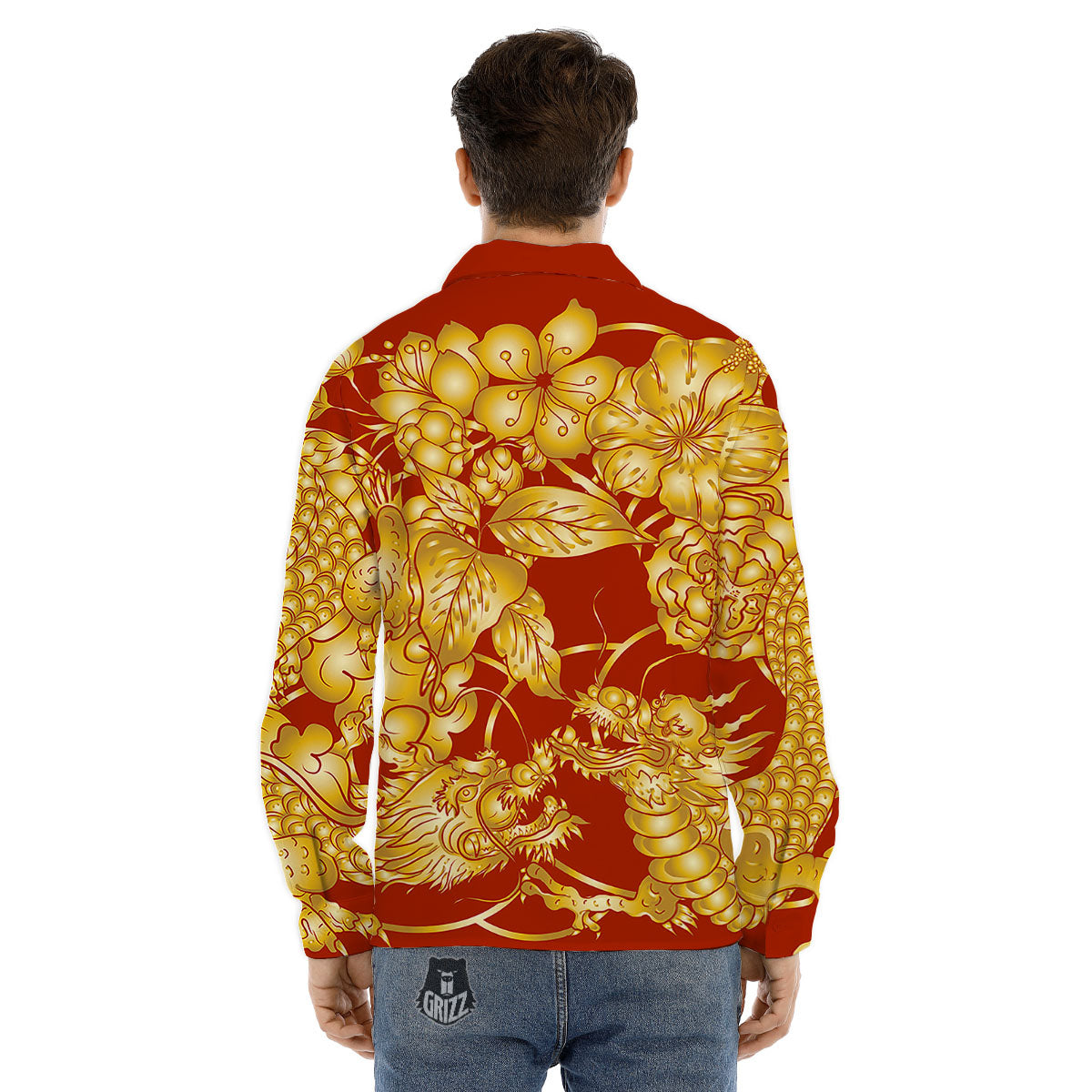 Japanese Dragon Orange Print Men's Dress Shirts-grizzshop