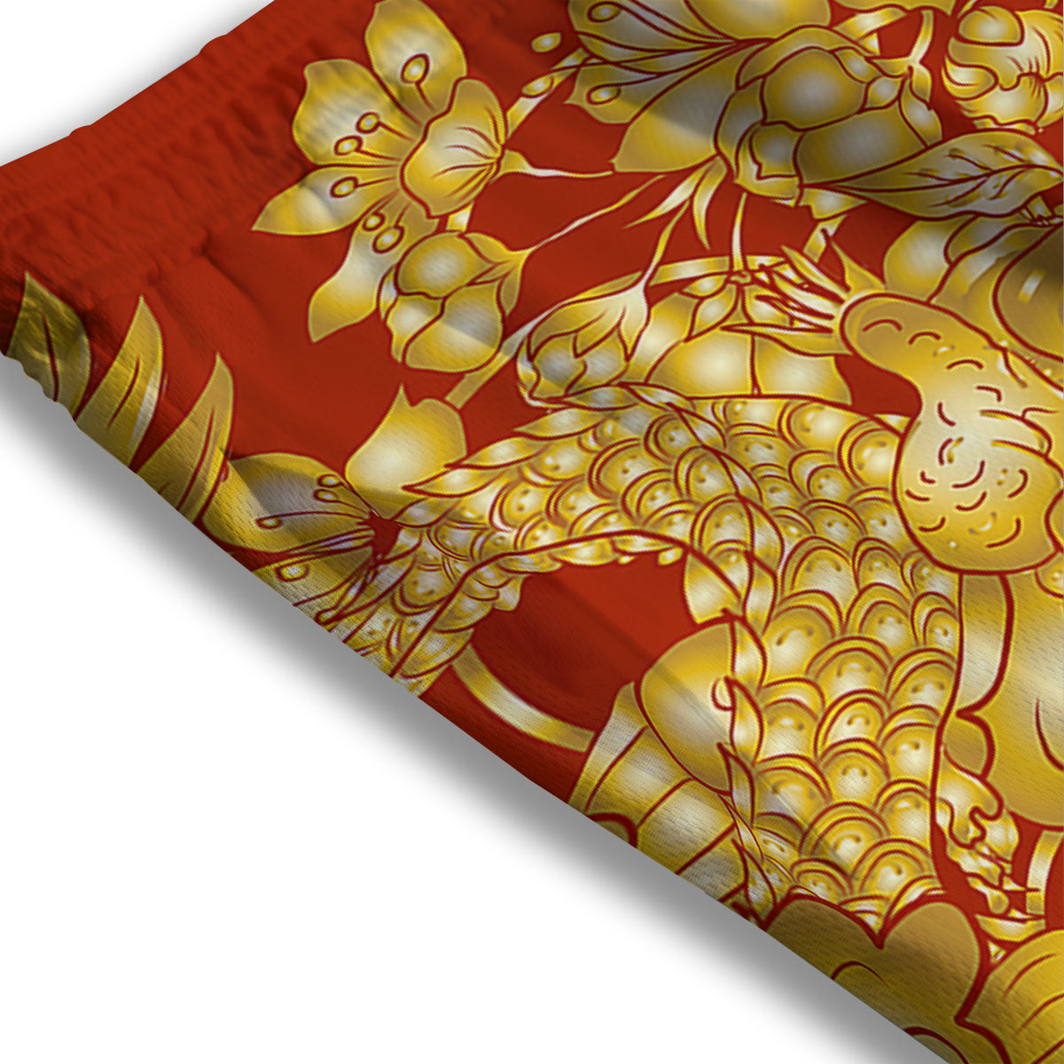Japanese Dragon Orange Print Mesh Shorts