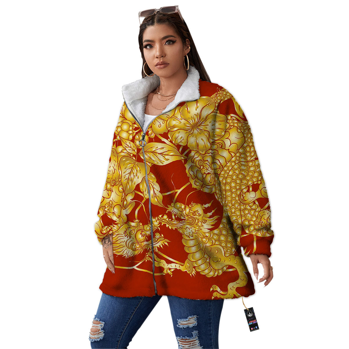 Japanese Dragon Orange Print Women's Sherpa Jacket-grizzshop