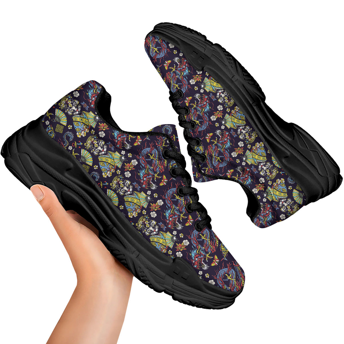 Japanese Dragons And Cat Tattoo Print Pattern Black Chunky Shoes-grizzshop